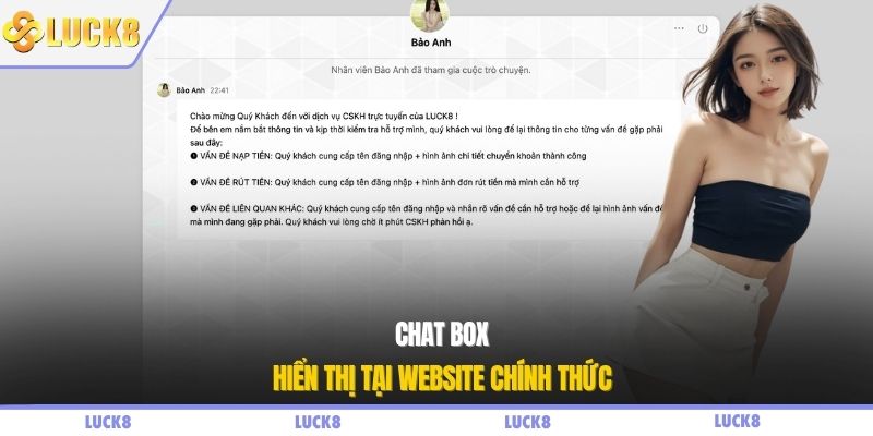 Chat box hiển thị tại website chính thức